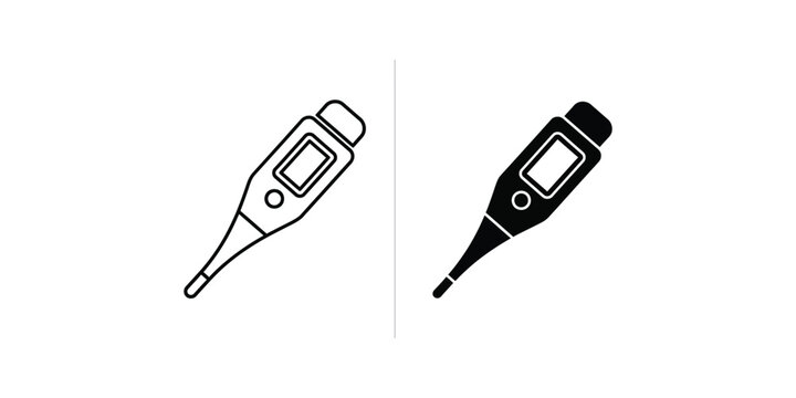 Digital thermometer icon set in outline and solid style for medical health and fever monitoring