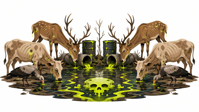 Pollution and death, skull in polluted water, deer and cow skeletons drinking toxic liquid, environmental disaster.