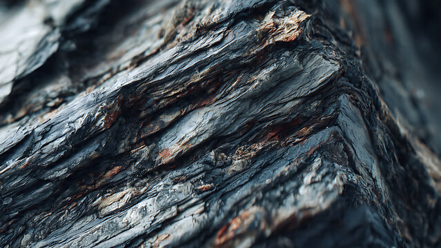 Detailed close-up showing thin weathered layers of dark shale rock. Charcoal grey tones with subtle orange mineral deposits. Rugged and organic geological texture.