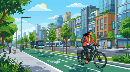 Fototapeta premium Sustainable urban transportation scene with woman cycling on green lane in modern eco-friendly city with public transit and greenery
