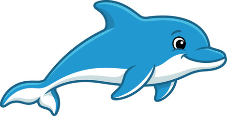 Obraz premium Cute blue dolphin cartoon character vector illustration swimming with a happy smiling expression isolated on white background for kids graphic design