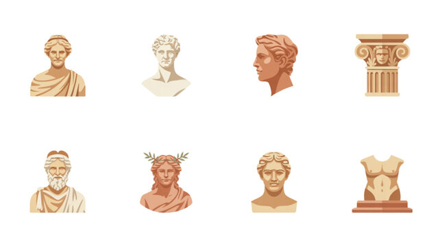 Collection of classical bust statues and pillars in neutral tones Vector