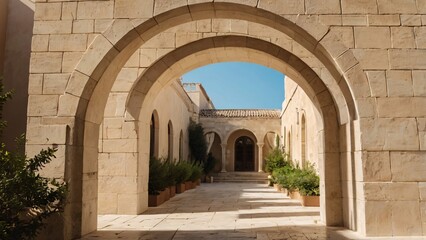 Obraz premium Elegant Stone Archway Leading Into a Sunny Mediterranean Style Courtyard with Lush Green Plants
