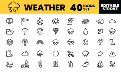 Obraz premium A professional set of forty weather line icons depicting atmospheric conditions with bright sun and rain for app interfaces.