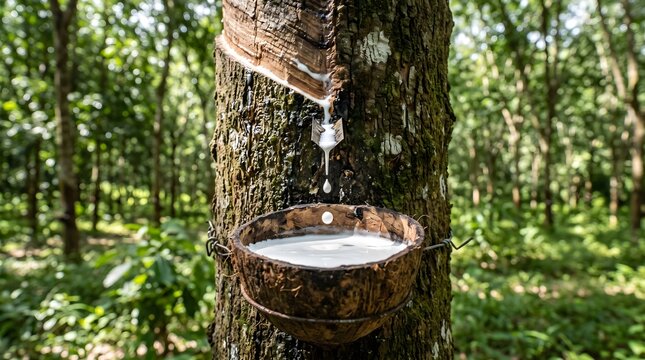 Fresh rubber sap dripping from tapped tree trunk. Natural latex harvesting process in tropical plantation.