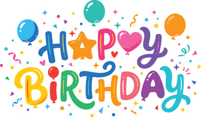Fototapeta premium Bright cute happy birthday typography text illustration with colorful party balloons and confetti vector design
