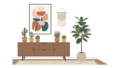 Fototapeta premium Cozy modern living room interior featuring a wooden sideboard, potted plants, abstract wall art, and a decorative rug.