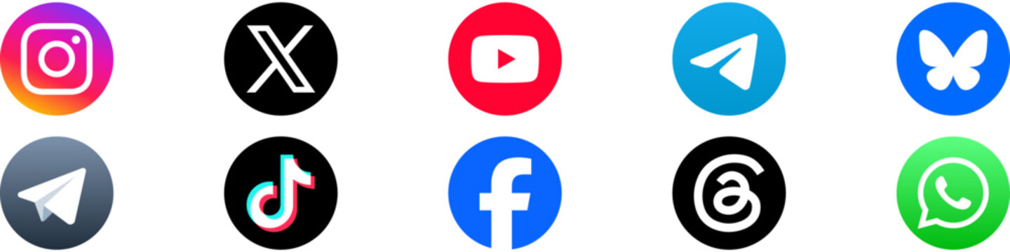 social media icon set or social network logos , facebook, instagram, x, youtube, threads, telegram x, whatsapp, tiktok, bluesky, vector icon set. popular social media web icons for apps and websites