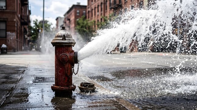 Fire hydrant spraying water on city street. Open valve releasing high pressure water stream.