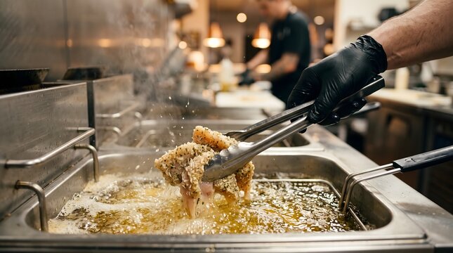 Chef frying breaded chicken in a deep fryer. Professional cook preparing crispy food.