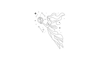 Obraz premium Elegant line art illustration of a celestial fairy with flowing hair flying in the starry sky while holding planet Earth.