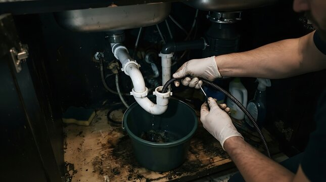 Plumber using a drain snake to clear a clogged kitchen sink pipe
