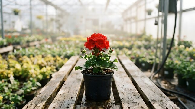 Red geranium flower in a black pot on a wooden table in a greenhouse