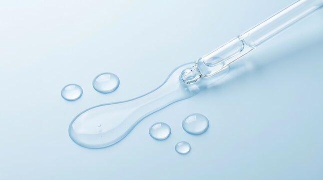 Clear liquid drops falling from a glass pipette onto a blue surface