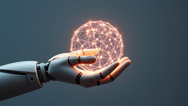 Robotic Hand Holding Glowing Digital Neural Network Sphere