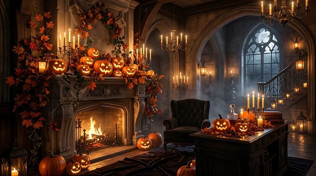 Elegant gothic room decorated for halloween with pumpkins and candles