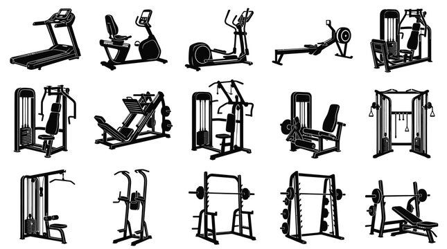 Fitness Gym Workout Equipment Machines Vector Black  White Line Art Icons Set