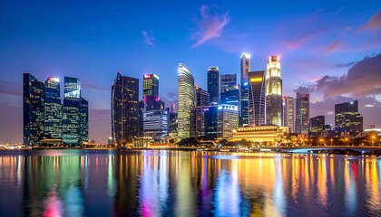Fototapeta premium Modern city skyline at dusk with illuminated skyscrapers and water reflection.