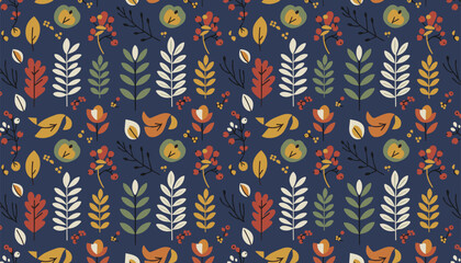 Naklejka premium Seamless pattern featuring detailed autumn leaves, small red berries, and yellow apples on a dark blue background.