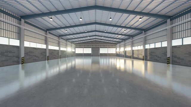 3D empty industrial warehouse interior with slow forward camera movement. Spacious manufacturing facility features polished concrete floor, large windows, bright natural daylight.
