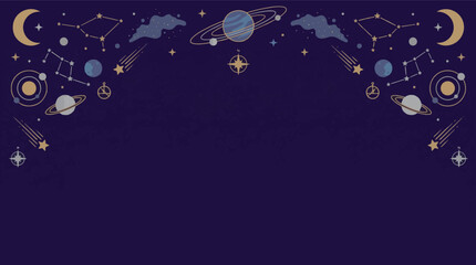 Celestial Galaxy Border Background with Planets, Moon, Stars and Constellations, Cosmic Space Frame Premium Banner Vector Design. © MasterTech