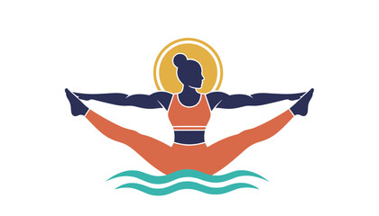 Fototapeta premium Elegant silhouette of a woman practicing an advanced yoga pose against a golden sun and turquoise waves.
