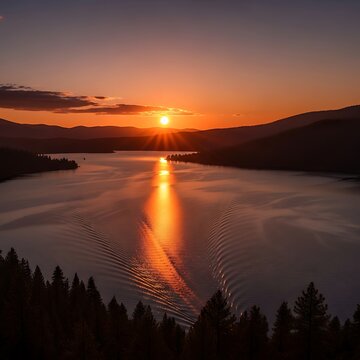 Serene Sunset Over Calm River Landscape.