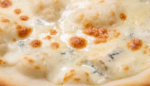 Top-down macro shot of a four cheese pizza with bubbling melted mozzarella and creamy gorgonzola blue cheese texture, shallow depth of field, professional commercial food photography