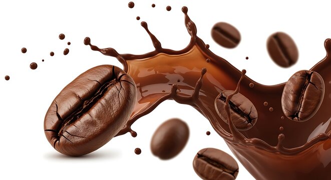 Dynamic Coffee Splash with Beans and Liquid Motion.