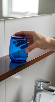 Hand Placing Blue Glass on Kitchen Countertop.