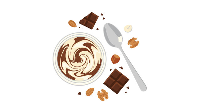 Sweet bowl of swirled chocolate and vanilla cream surrounded by hazelnuts, almonds, chocolate bars, and a silver spoon on a white background.