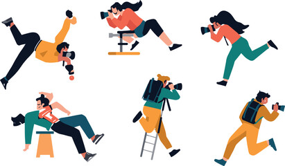 Obraz premium Dynamic Action Photographer and Paparazzi Character Vector Set with Running Men and Women Jumping Climbing Ladders and Shooting Media Photos