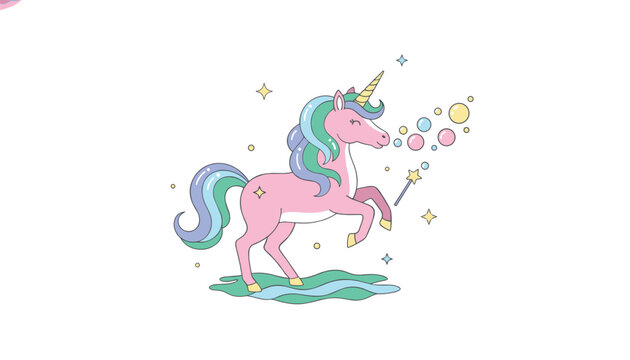 Magical pink unicorn with a colorful pastel mane blowing enchanted bubbles using a star-tipped wand on a clean white background.