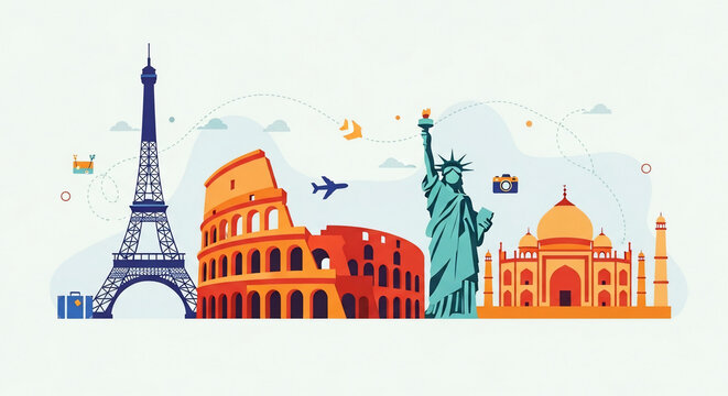 World Travel and Tourism Concept with Diverse International Monuments and Global Architectural Icons in Flat Design.