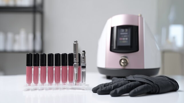 Minimalist beauty clinic background with black latex gloves, a permanent makeup machine, and lip pigment cartridges. Clean, sterile composition with copy space for cosmetology branding.
