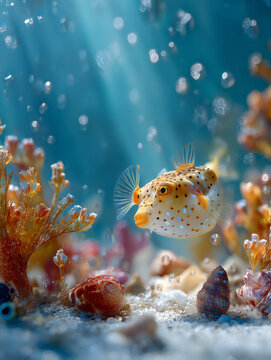 Spotted boxfish swimming over colorful coral reef