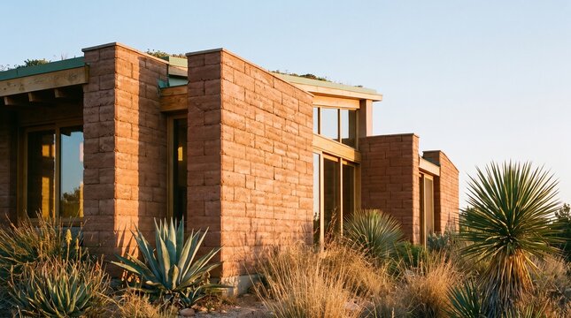 Villa wall made of compressed earth blocks in reddish brown natural tone