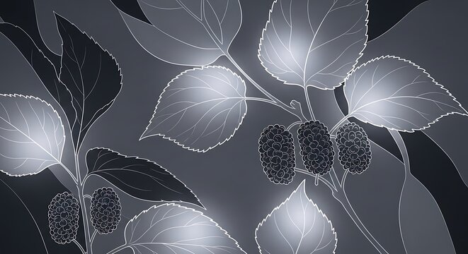 Elegant Monochrome Botanical Illustration with Leaves and Berries.