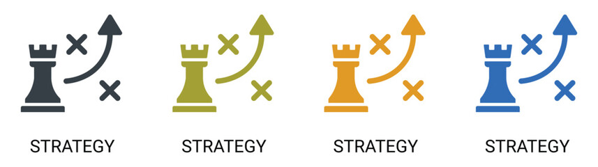 Corporate business strategy and tactical planning solid icon set, chess rook piece with tactical movement arrow and cross marks, corporate solution development and leadership vision vector. © Solid Canvas
