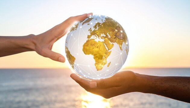 Two diverse hands gently cradle a glowing, networked digital globe over a sunset ocean, beautifully symbolizing hope, global unity, and shared environmental responsibility.