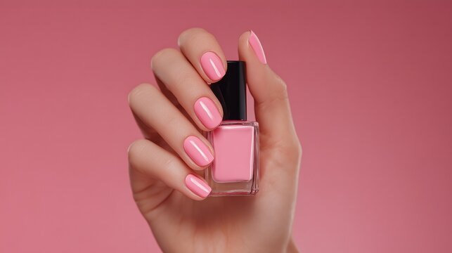 Close-up of a hand holding a pink nail polish bottle with glossy pink nails against a soft pink background. Studio lighting creates a modern commercial beauty advertising composition.
