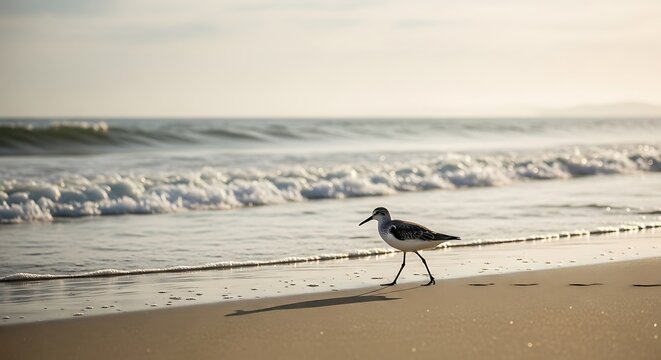 Serene Beach Scene with Seagull Walking Along Shoreline.