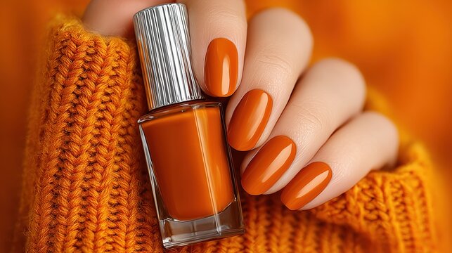 Close-up of a hand holding an orange nail polish bottle with glossy manicured nails and an orange sweater. Soft studio lighting creates a modern commercial beauty advertising composition.
