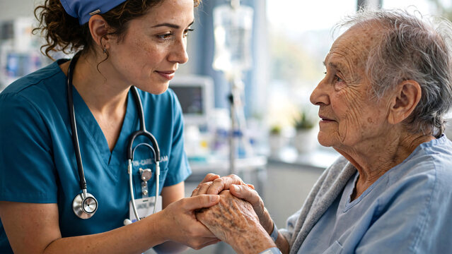 A caring nurse gently holding the hands of an elderly patient during a reassuring conversation, expressions of trust, empathy, emotional healthcare support, natural wrinkles.