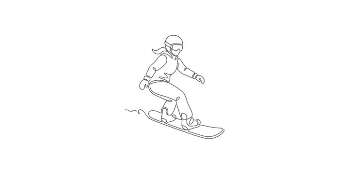 Continuous line drawing of a female snowboarder riding on snow.