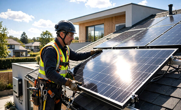 Professional editorial stock photo of an experienced solar installer setting a photovoltaic panel into place on a residential roof, brilliant sunlight reflecting across the solar modules, blue sky.