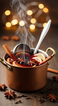 Warm Spiced Mulled Wine in Copper Pot with Cinnamon and Star Anise.