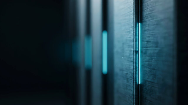 Modern server room with rows of data center racks and blue glowing lights