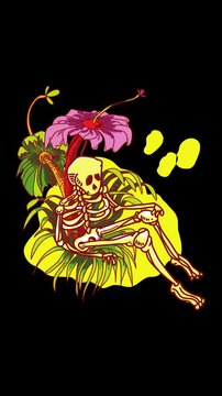Animation of skull vector laying on tropical leafs with vibrant color.