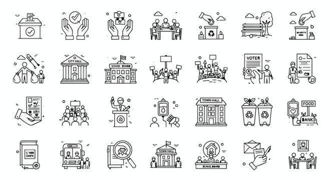 A collection of clean line art vector icons depicting democratic processes, civic engagement, and community participation in shades of black and white, perfect for web design and